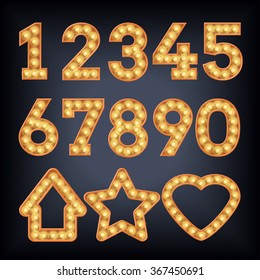 Neon Light Vector Figures. Type Numbers And Star, Heart. Neon Tube Figures On Dark Background For Your Design