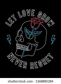 Neon light vector a skull and rose illustration, for t-shirt prints and other uses.