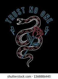 Neon light vector a snake and rose illustration, for t-shirt prints and other uses.