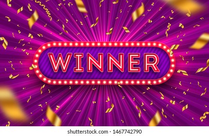 Neon Light Winner Retro Signboard And Golden Foil Confetti Against A Light Burst Background. Vector Illustration. Winner Light Bulb Frame Signboard. Winners Logo.