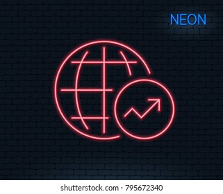 Neon light. World Statistics line icon. Report chart or Sales growth sign. Data Analysis graph symbol. Glowing graphic design. Brick wall. Vector