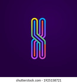 Neon light X letter line logo. Colored tube font for events posters, lacing emblem, nightlife banner and futuristic identity. Typography design.