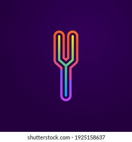 Neon Light Y Letter Line Logo. Farbige Röhrenschrift für Veranstaltungspakete, Schnürsenkel, Nachtleben und futuristische Identität. Typografisches Design.