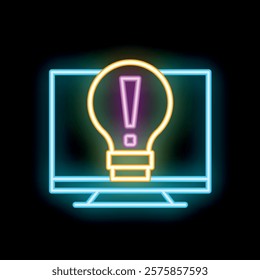 Neon lightbulb with exclamation mark displaying on a computer screen, representing online warnings and alerts