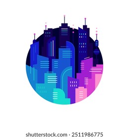 Neon lighted city. Round composition, flat illustration. Vector file.