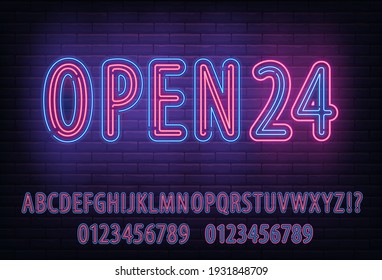 Neon Lighted Typeset, Alphabet Full Abc Font Set With Neon Blue And Red Style Letter. Open 24 Sign