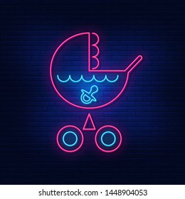 Neon lighting of a baby stroller. The bright advertisement of the pram.  Modern vector logo, banner, emblem, poster, stroller pattern. Night neon sign. Light the inscription. Vector illustration.