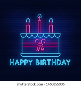 Neon lighting cake with candles ,birthday. The bright advertisement of the holiday. Modern vector logo, icon, banner, shield, screen, cake image.
