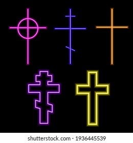Neon lighting Christian Crosses in different colores on black background.