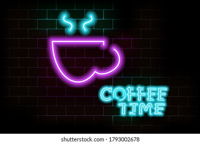 Neon lighting effect with cup and coffee illustration