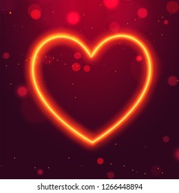 Neon lighting effect heart shape on red bokeh background for Valentine's Day concept.