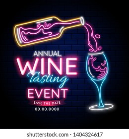 Neon Lighting effect with wine bottle and drink glass on blue brick wall background for Wine Tasting annual event or party concept. Can be used as advertising template or poster design