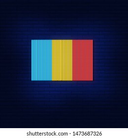 Neon lighting of the flag of Romania. Bright advertising of the country. Modern vector logo, banner, shield, picture of Romania flag. Night advertising on the background of a brick wall.