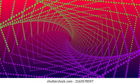 Neon lighting green pink purple swirl line from dots on bright Viva Magenta red background. Innovation technology. Art geometric digital screen. Luxury Backdrop. Template. NFT card. Virtual reality.