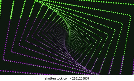 Neon lighting green purple line on black background. Optical illusion. Dots. Innovation technology concept. Art trippy geometric digital screen. Luxury Backdrop. Template. NFT card. Virtual reality.