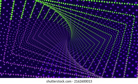 Neon lighting green purple line on bluish black background. Optical illusion. Dots. Innovation technology concept. Art geometric digital screen. Luxury Backdrop. Template. NFT card. Augmented reality.