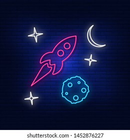 Neon lighting rockets,stars, planets, the moon. Bright is the sky. Modern vector logo, icon, banner, shield, sky pattern. Night advertising on the background of a brick wall. Vector illustration. Sign