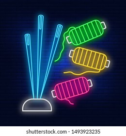 Neon lighting set for sewing, needles and thread. Bright advertising of needles and threads. Modern vector logo, banner, shield, pattern needle with needles and threads.