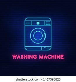 Neon lighting of the washing machine. Bright machine gun. Modern vector logo, icon, banner, shield, screen, washing machine image. Night advertising on the background of a brick wall.
