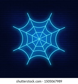 Neon lighting web. A vivid illustration of a strong web. Modern vector logo, banner, shield, web pattern. Night advertising on the background of a brick wall.