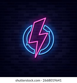 Neon Lightning Bolt in a Circle Electric Energy Symbol
