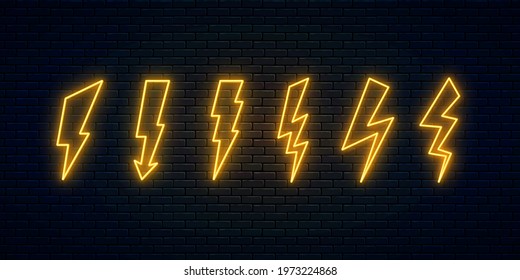 Neon lightning bolt collection. High-voltage thunderbolt neon symbols. Thunder and electricity sign. Banner design, bright advertising signboard elements. Vector illustration. Electric discharge.