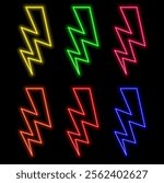 Neon lightning bolt, glowing sign, isolated, vector illustration.