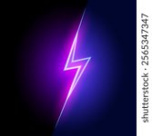 Neon lightning bolt, glowing sign on split background, isolated, vector illustration.