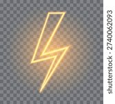 Neon lightning bolt, glowing sign, isolated, vector illustration.