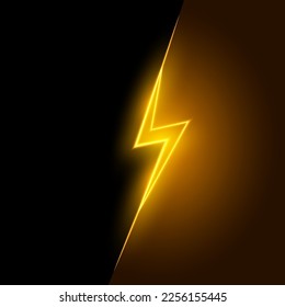 Neon lightning bolt, glowing sign on split background, isolated, vector illustration.