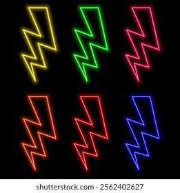 Neon lightning bolt, glowing sign, isolated, vector illustration.