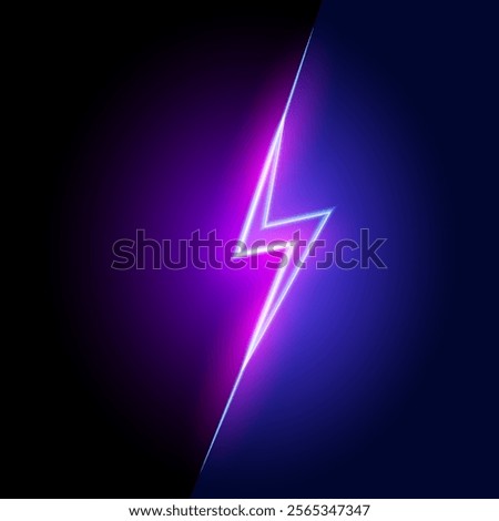 Neon lightning bolt, glowing sign on split background, isolated, vector illustration.