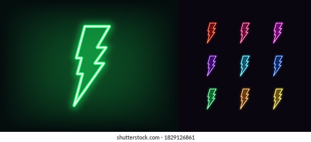 Neon lightning bolt icon. Glowing neon thunder flash sign, electrical discharge in vivid colors. Bright thunderbolt, electric storm, high voltage. Icon set, sign, symbol for UI. Vector illustration