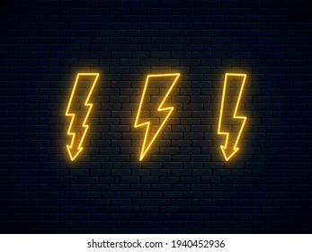 Neon lightning bolt set. Banner design, bright advertising signboard elements. Vector illustration. Electric discharge symbol. High-voltage thunderbolt neon. Lightning, thunder and electricity sign.