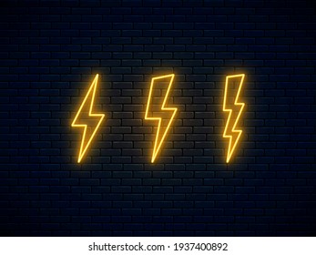 Neon lightning bolt set. Electric discharge symbol. High-voltage thunderbolt neon. Lightning, thunder and electricity sign. Banner design, bright advertising signboard elements. Vector illustration.