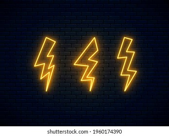 Neon lightning bolt set. Electric discharge. High-voltage thunderbolt neon symbol. Thunder and electricity sign. Banner design, bright advertising signboard elements. Vector illustration.