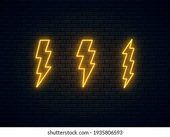 Neon lightning bolt set. High-voltage thunderbolt neon symbol. Thunder and electricity sign. Banner design, bright advertising signboard elements. Vector illustration. Electric discharge.