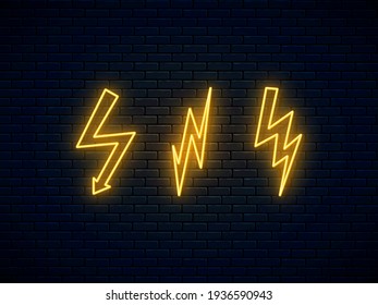Neon lightning bolt set. High-voltage thunderbolt neon symbol. Banner design, bright advertising signboard elements. Lightning, thunder and electricity sign. Vector illustration. Electric discharge.