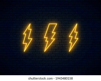Neon lightning bolt set. High-voltage thunderbolt neon symbol. Banner design, bright advertising signboard elements. Electric discharge. Lightning, thunder and electricity sign. Vector illustration.