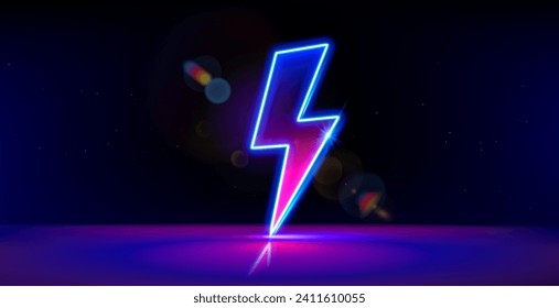 Neon lightning bolt. Thunder flash sign, electrical discharge. Retro neon glowing power sign on black background. 3d vector illustration. 