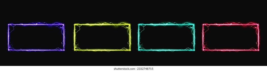 Neon lightning effect electric glow frame vector. Magic spark border with thunder sign energy. Magic portal rectangle shape with led plasma discharge in pink, green, gold, purple bright color.