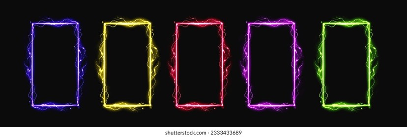 Neon Blitz Effekt elektrischen Glow Frame Vektorgrafik. Magische Funkengrenze mit Donner Schild Energie. Magische Portal Rechteck-Form mit geläufiger Plasma-Entladung in Rosa, Grün, Gold, violett hellen Farbe.