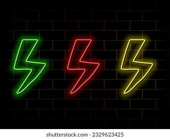 Neon lightning. Energy neon set. Radiation, thunder and electricity sign. many colors.