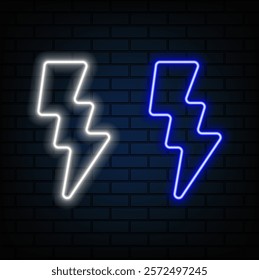 Neon lightning flash icon. Bright neon lightning bolt sign, electric discharge in vivid colors. Bright lightning, electric storm, energy, energy, recharge, high voltage. Icon Set