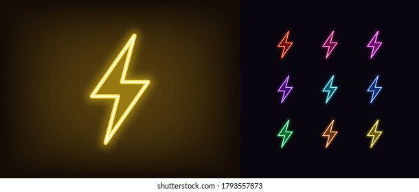 Neon lightning flash icon. Glowing neon thunder bolt sign, electrical discharge in vivid colors. Bright thunderbolt, electric storm, high voltage. Icon set, sign, symbol for UI. Vector illustration