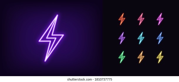 Neon lightning flash icon. Glowing neon thunder bolt sign, electrical discharge in vivid colors. Bright thunderbolt, electric storm, high voltage. Icon set, sign, symbol for UI. Vector illustration
