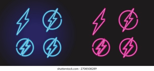 Icono del flash del relámpago de neón, icono del flash del relámpago de neón en fondo oscuro