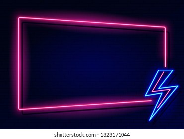 	
Neon lightning frame. Electricity power flash logo on black background, power outage concept. Vector lightning boarder illustration