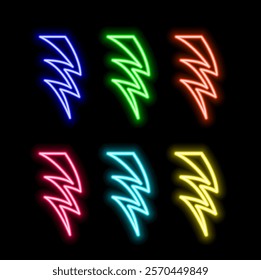 Neon lightning. Glowing electric flash signal, Thunderbolt electricity power icons. Vector lightning.