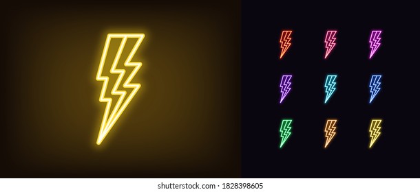 Neon lightning icon. Glowing neon electric thunderstorm sign, electrical discharge in vivid colors. Bright thunderbolt, electric bolt, high voltage. Icon set, sign, symbol for UI. Vector illustration